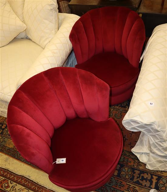 A pair red dralon upholstered scallop back chairs, Width 68cm